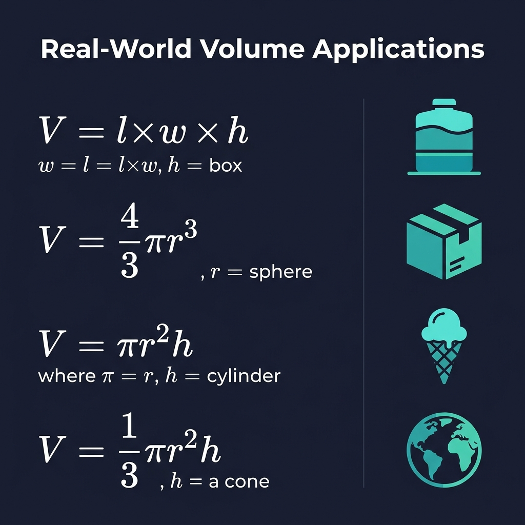 Volume Calculator real-world applications infographic showing water tanks, shipping boxes, and volume formulas for sphere, cylinder, cone, and cube