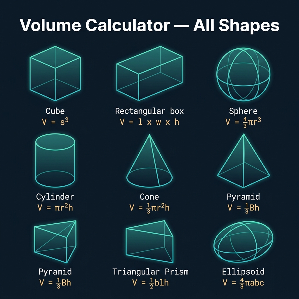 Volume Calculator — 8 geometric shape formulas: cube, box, sphere, cylinder, cone, pyramid, triangular prism, ellipsoid on dark navy background with teal accents