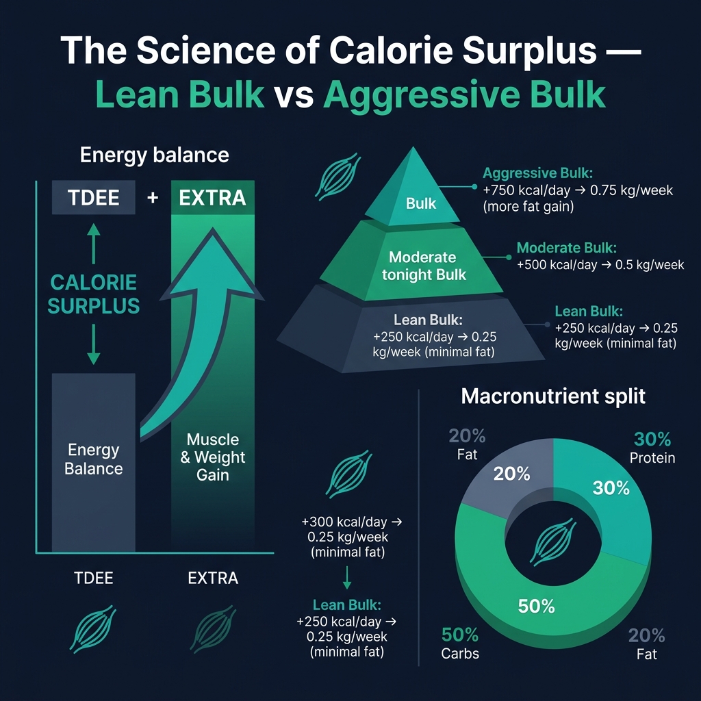 Science of calorie surplus for weight gain — lean bulk vs moderate bulk vs aggressive bulk pyramid with macronutrient split