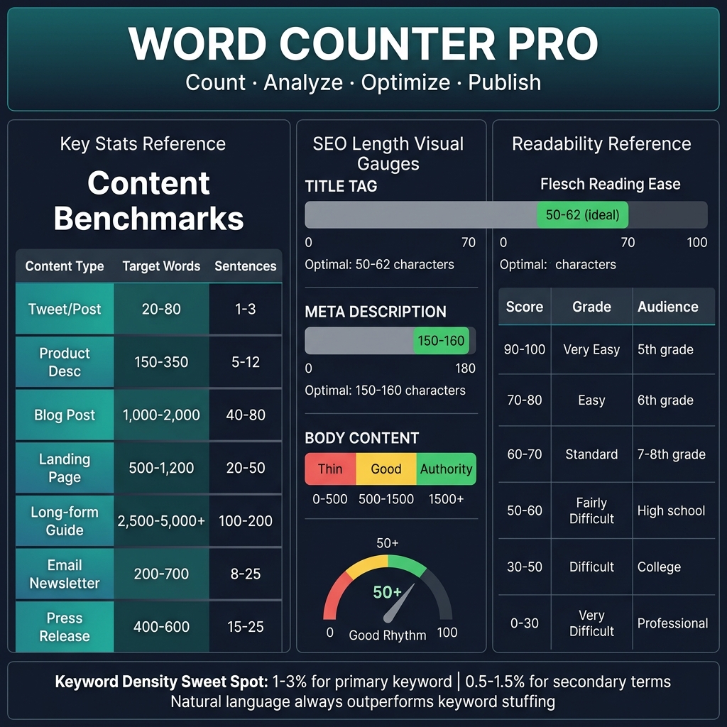 Word counter content benchmarks showing target word counts by content type, SEO length gauges, Flesch readability scale, and keyword density sweet spots